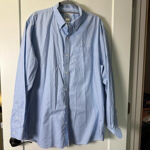 L.L. Bean Men Windowpane Grid Plan Blue White Cotton Traditional Fit Dress Shirt